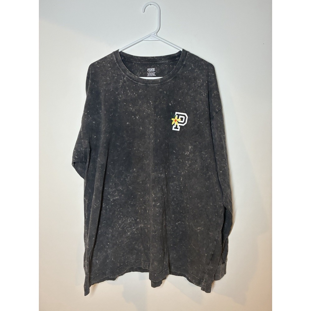 VS VICTORIAS SECRET PINK EVERYDAY LONG SLEEVE T TOP BLACK WASH TROPICAL LOGO XXL